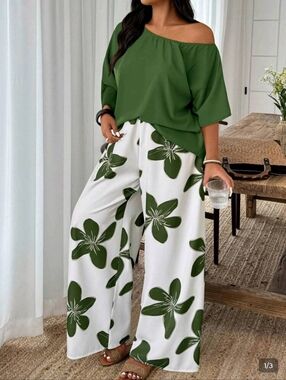 Asymmetrical Green Shoulder Blouse & Floral Wide Leg Pants Size 16